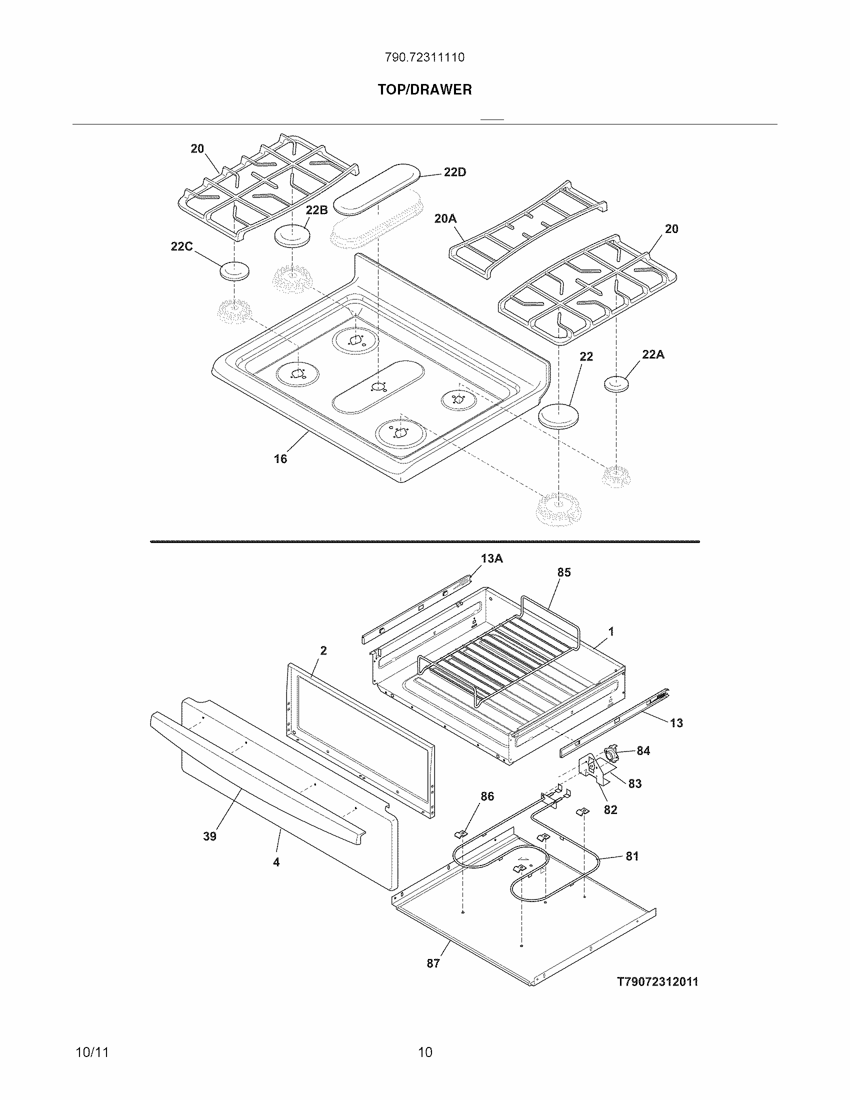 Top/drawer Diagram and Parts List for 79072311110  Kenmore Range