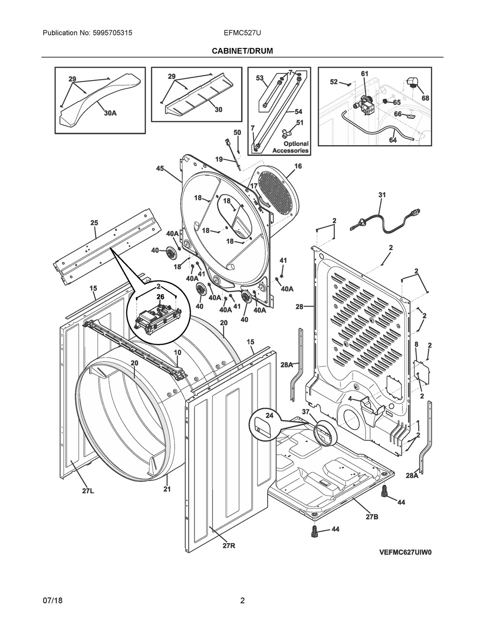 Cabinet/drum Diagram and Parts List for EFMC527UTT0  Frigidaire Dryer