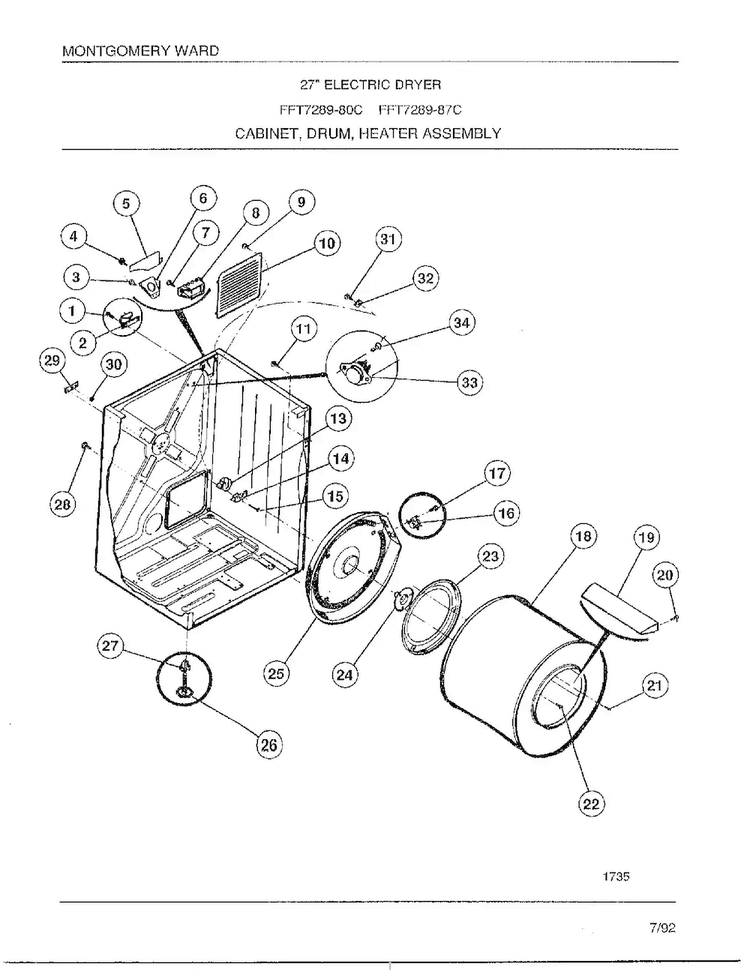 Cabinet, Drum, Heater Assembly Diagram and Parts List for 7289-87C  Frigidaire Dryer
