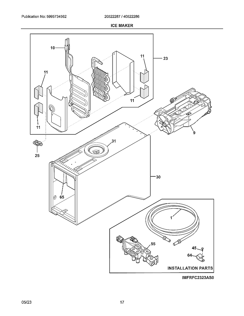 Ice Maker Diagram and Parts List for 20522287A  Frigidaire Refrigerator