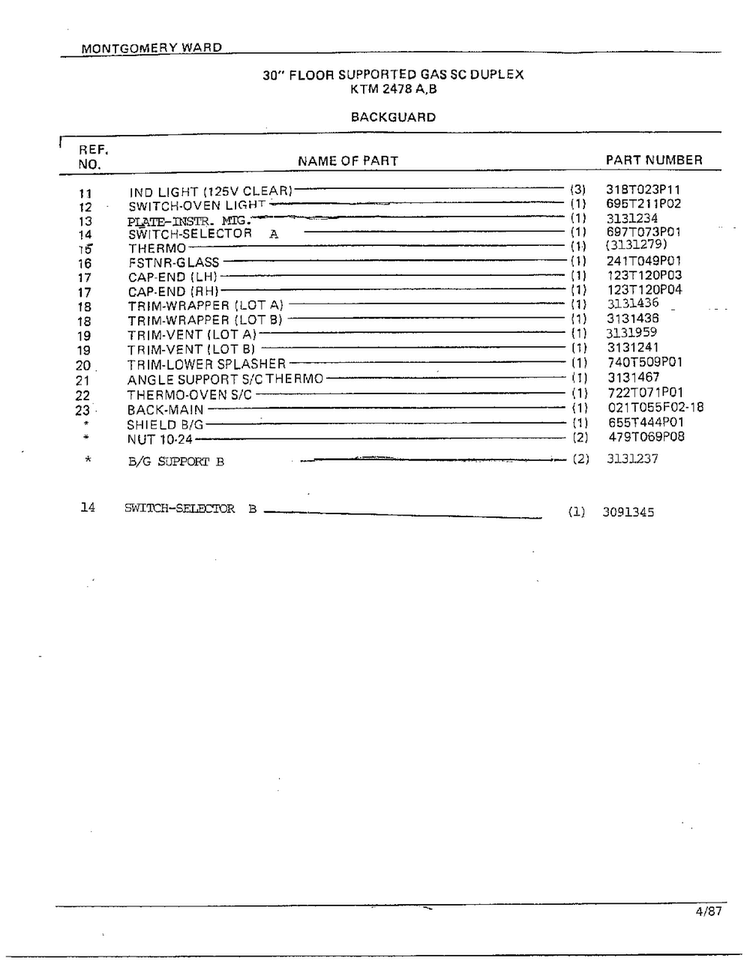 30" Floor/backguard Page 2 Diagram and Parts List for 2478A  Frigidaire Range