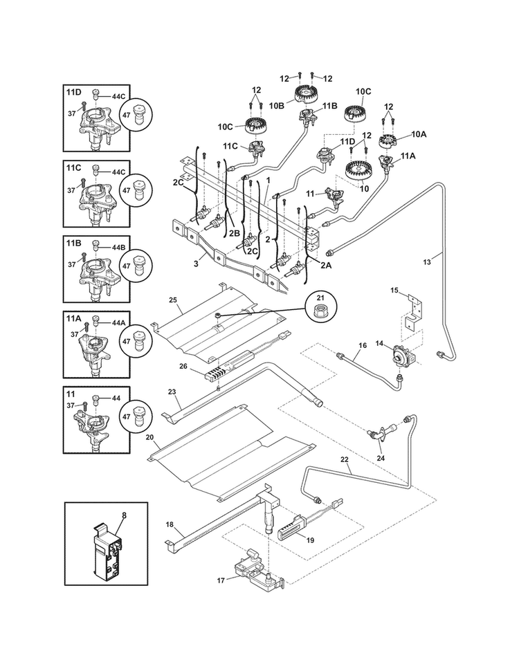 Burner Diagram and Parts List for LGGF3044LFF  Frigidaire Range
