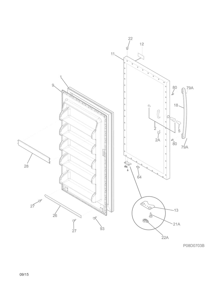 Door Diagram and Parts List for FFFH20F2QWD  Frigidaire Freezer
