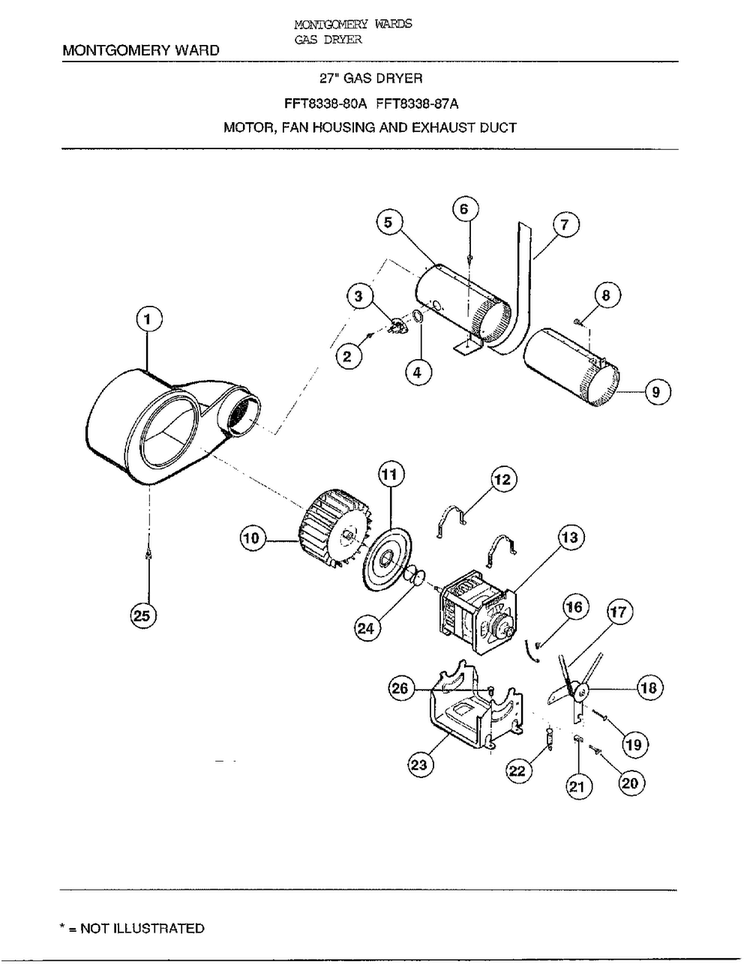 27` Motor/fan Housing/exhaust Duct Diagram and Parts List for 8338A  Frigidaire Dryer