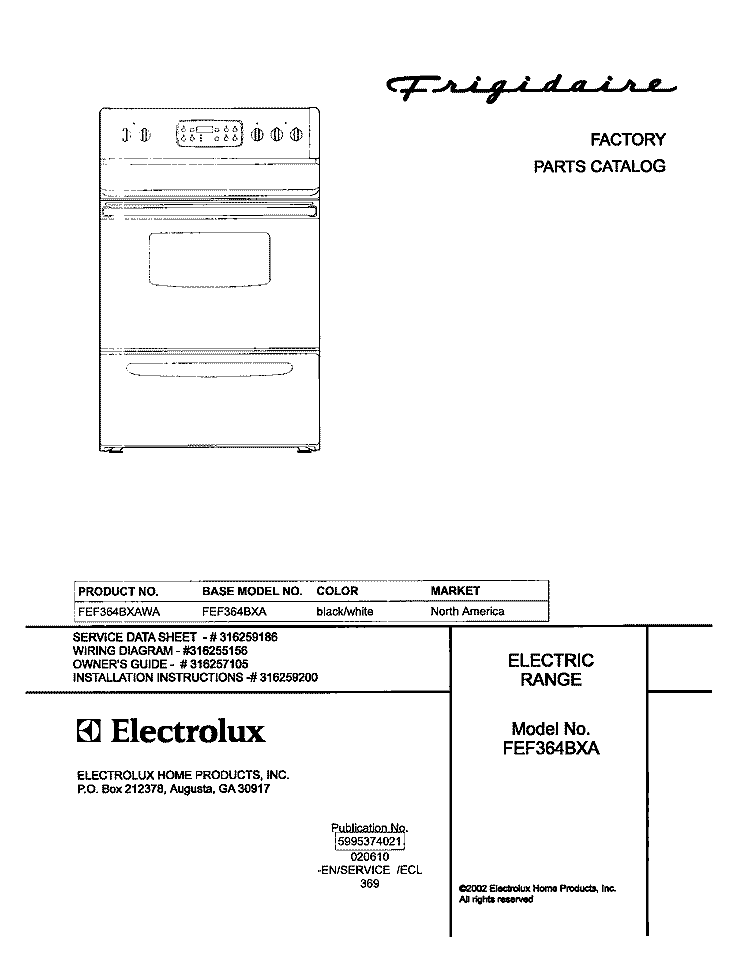 COVER Diagram and Parts List for FEF364BXAWA  Frigidaire Range