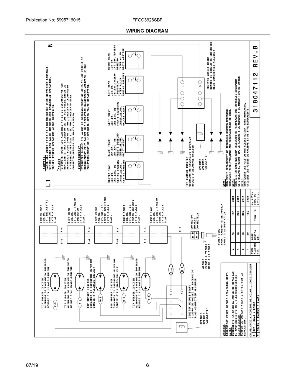Wiring Diagram Diagram and Parts List for FFGC3626SBF  Frigidaire Cooktop