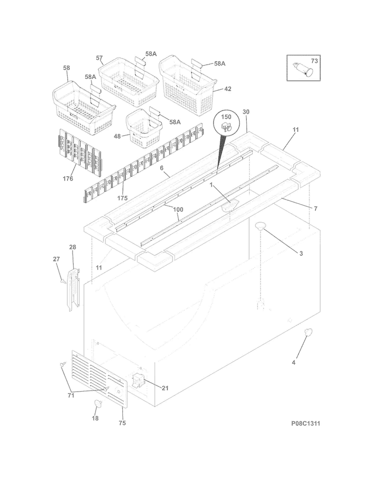 Cabinet Diagram and Parts List for FFFC22M6QWA  Frigidaire Freezer