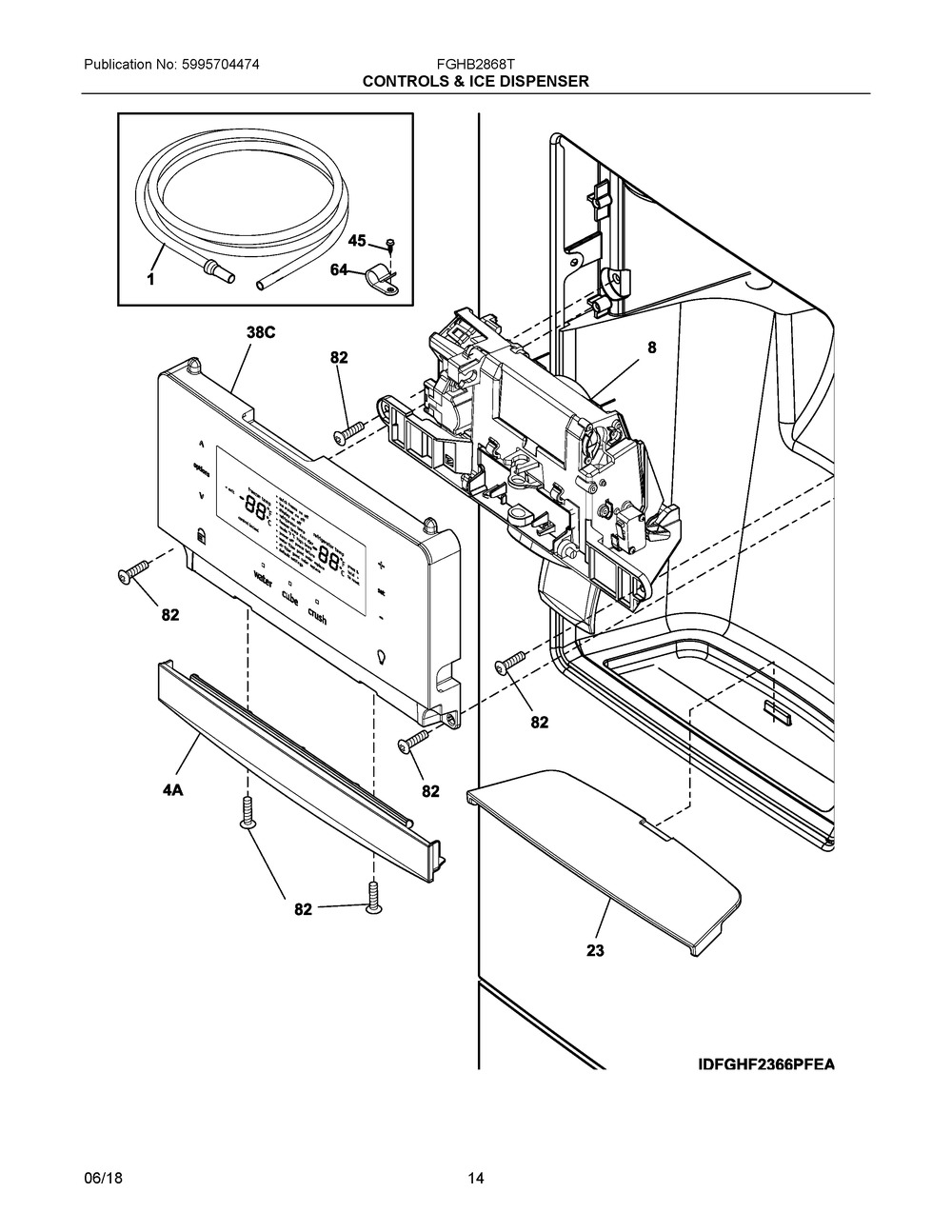 Controls & Ice Dispenser Diagram and Parts List for FGHB2868TD2  Frigidaire Refrigerator
