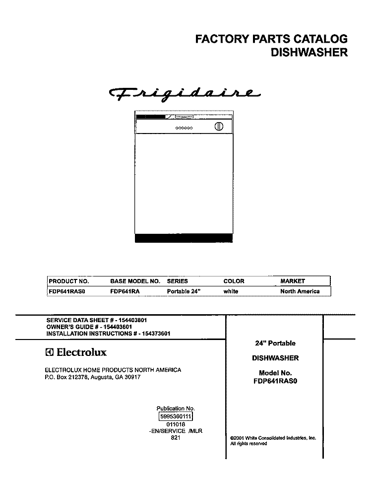 COVER Diagram and Parts List for FDP641RAS0  Frigidaire Dishwasher