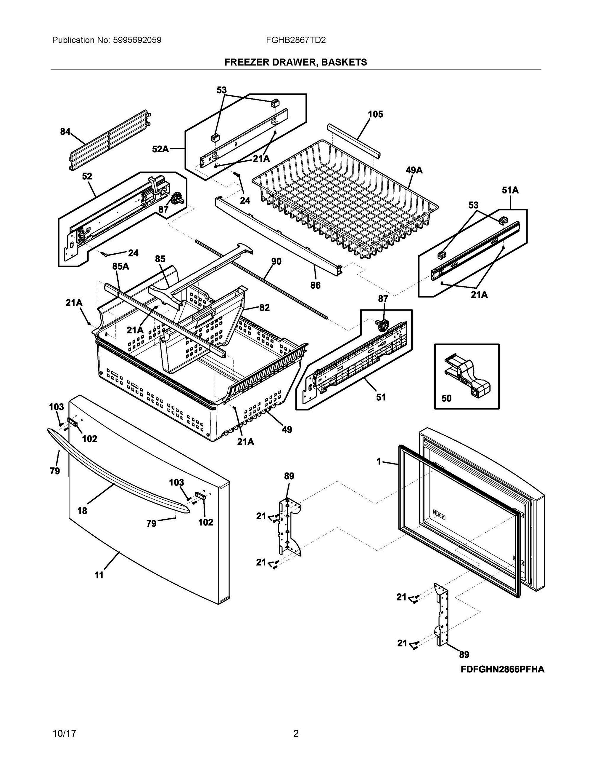 02 - FREEZER DRAWER, BASKETS Diagram and Parts List for FGHB2867TD2  Frigidaire Refrigerator