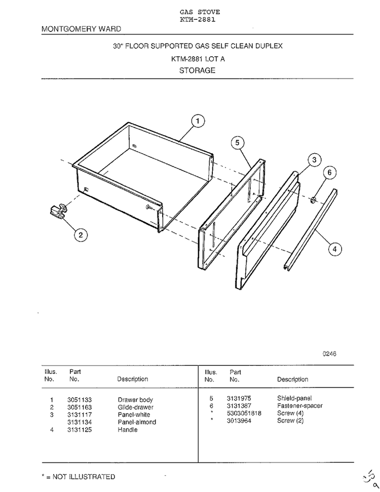 Storage Diagram and Parts List for 2881  Frigidaire Range