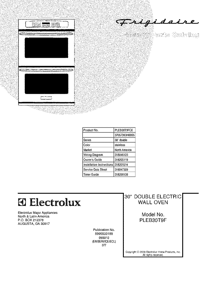 COVER Diagram and Parts List for PLEB30T9FCE  Frigidaire Wall Oven