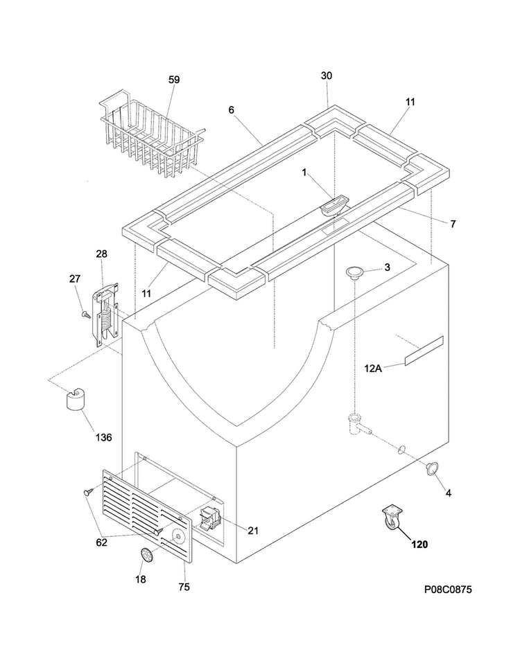 Cabinet Diagram and Parts List for KCCF160QWA  Kelvinator Freezer