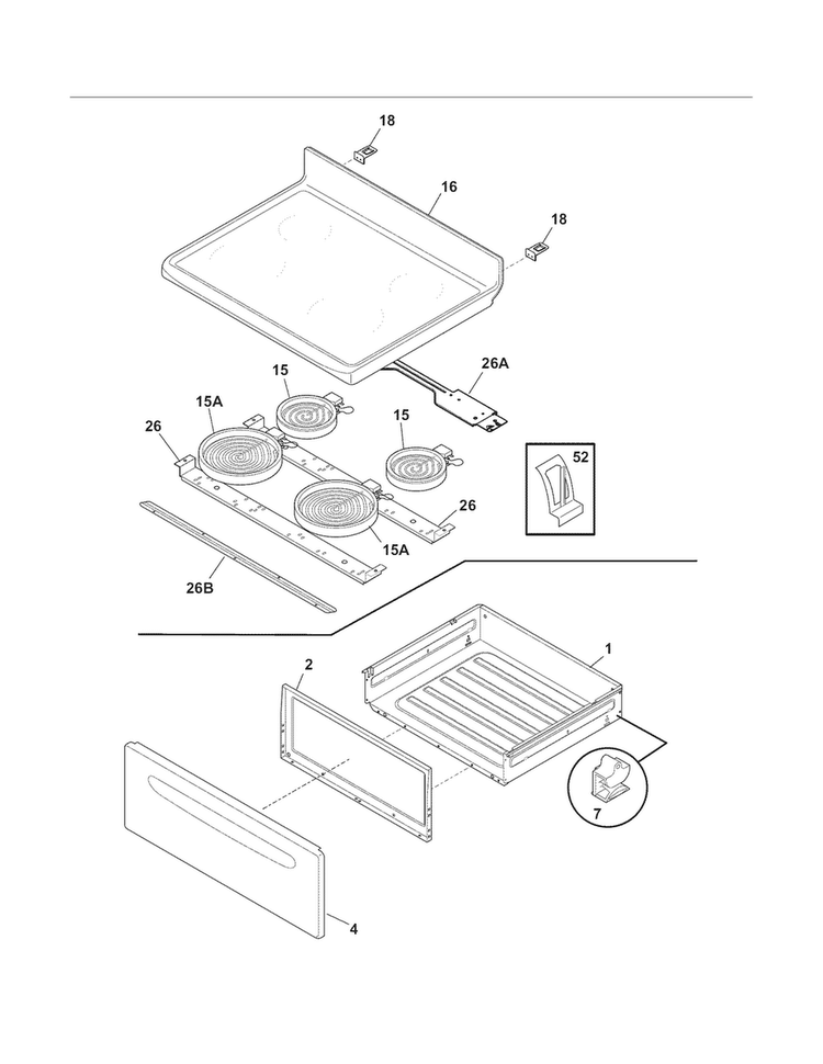 Top/drawer Diagram and Parts List for FFEF3017ZWA  Frigidaire Range