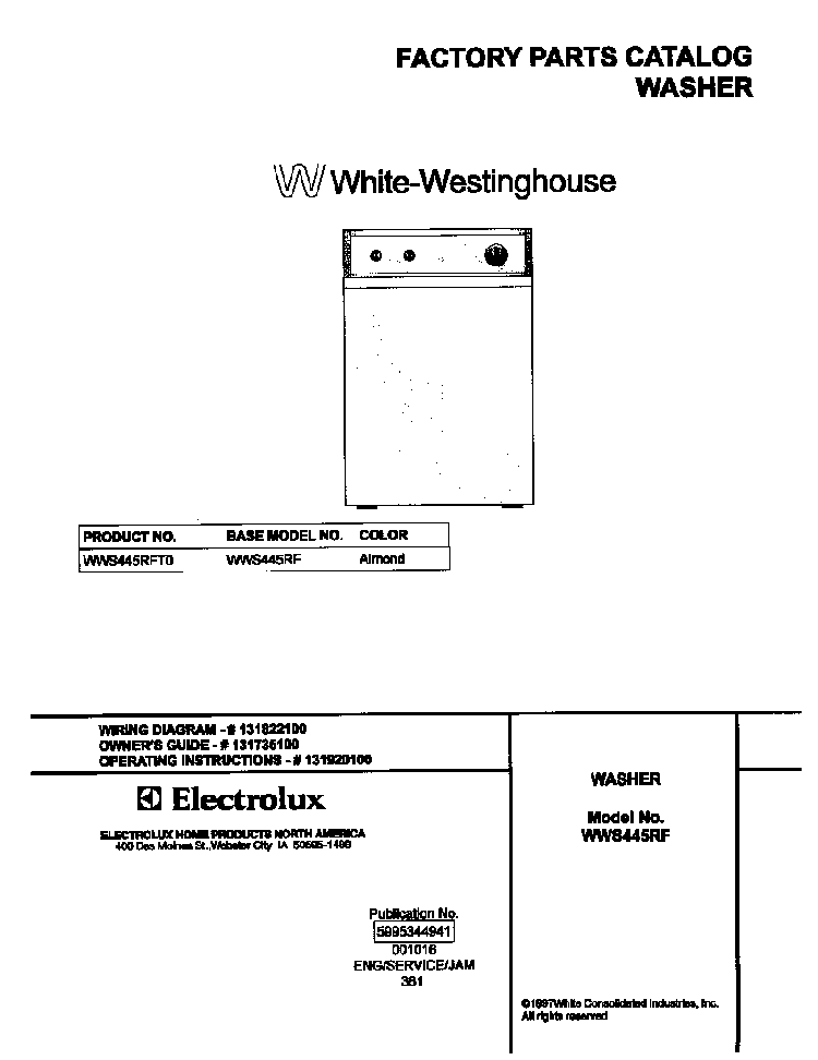 Cover Diagram and Parts List for WWS445RFT0  Westinghouse Washer