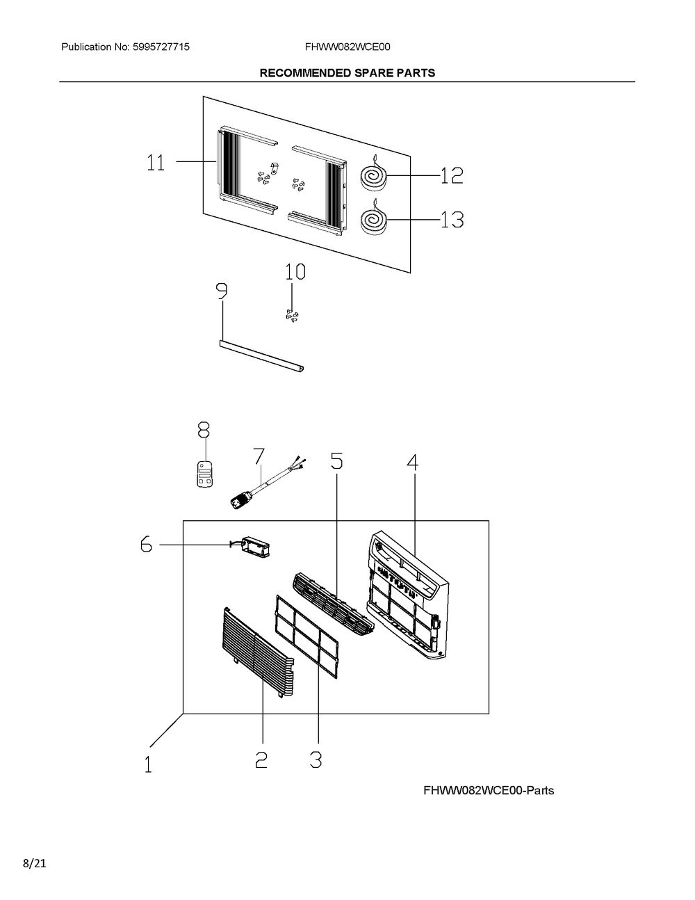 Spares Diagram and Parts List for FHWW082WCE00  Electrolux Air Conditioner