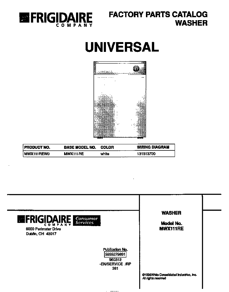 COVER Diagram and Parts List for MWX111REW0  Frigidaire Washer