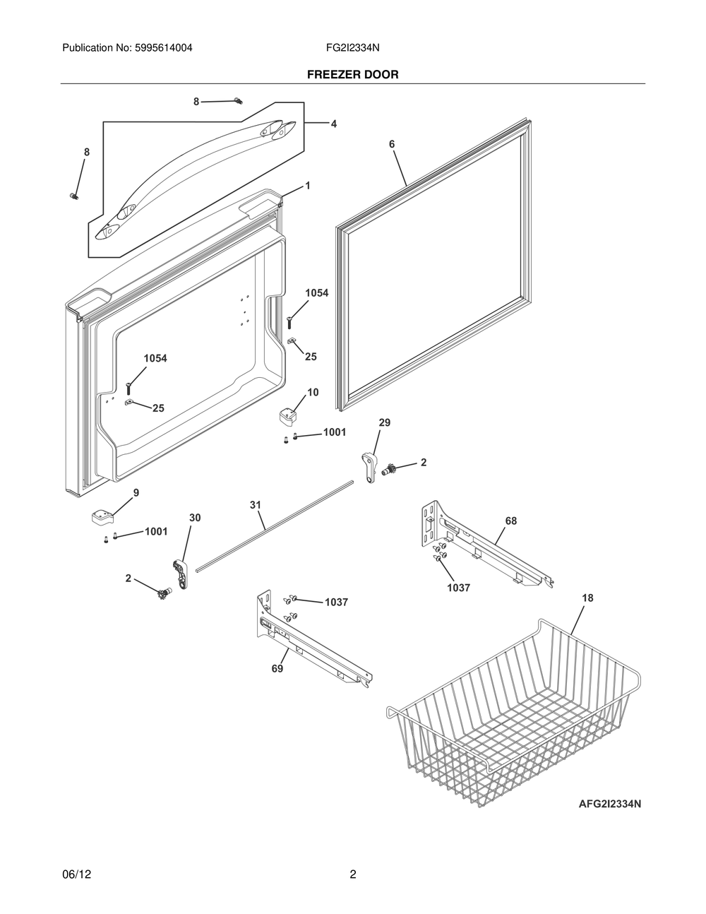 Freezer Door Diagram and Parts List for FG2I2334NE  Frigidaire Refrigerator