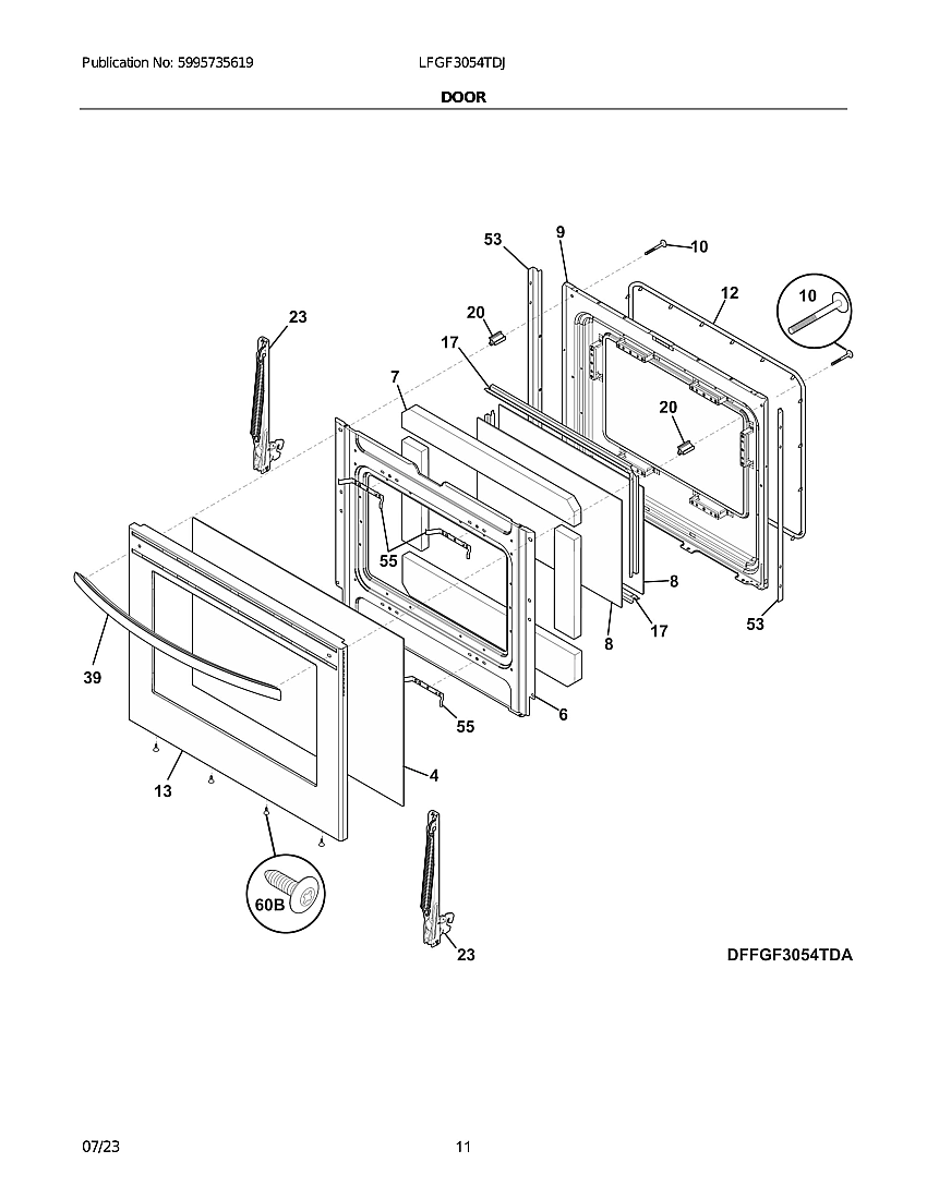 Door Diagram and Parts List for LFGF3054TDJ  Electrolux Range