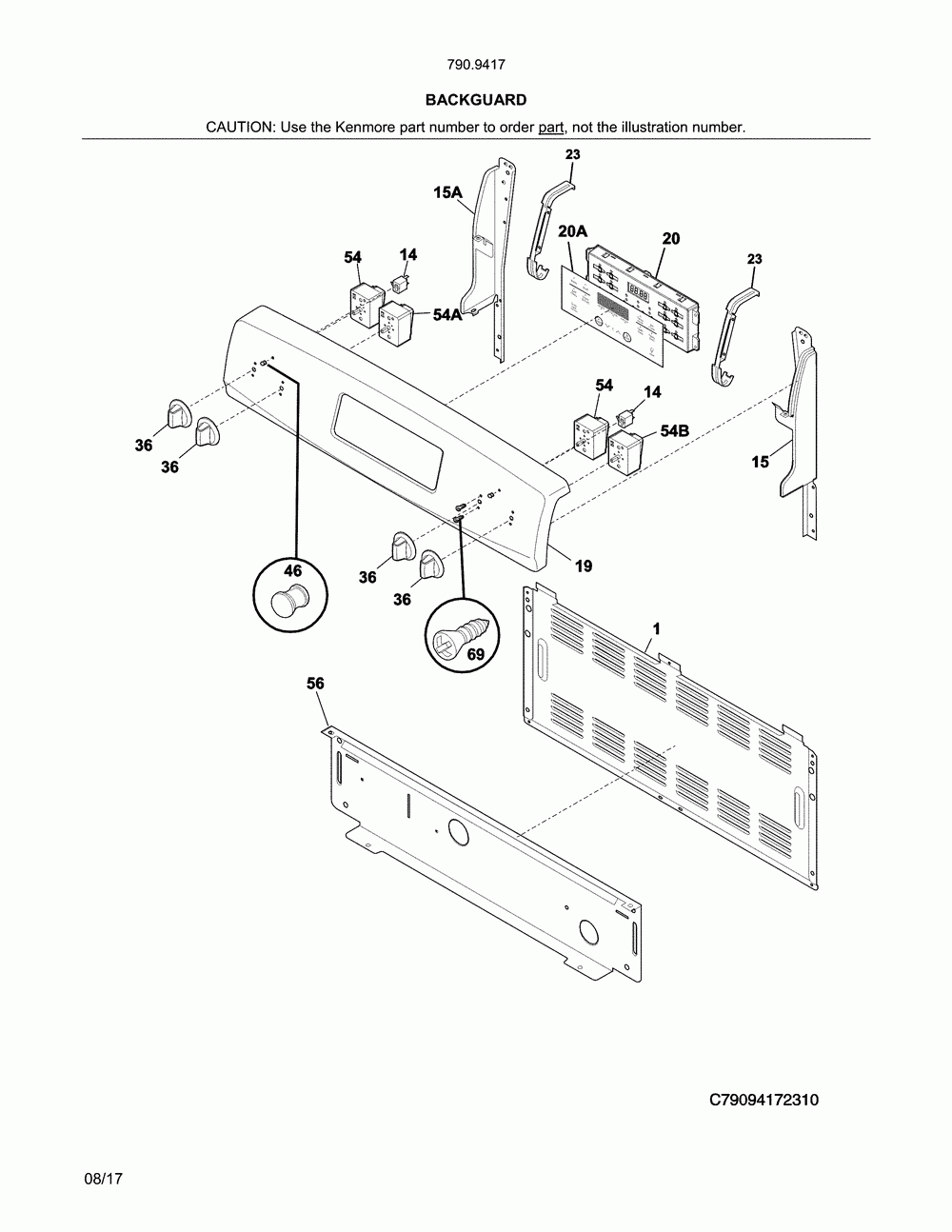 Backguard Diagram and Parts List for 79094172313  Kenmore Range