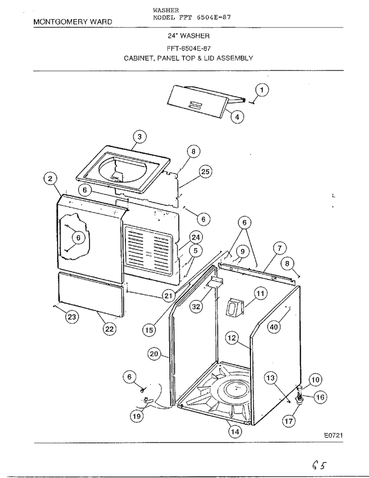 Cabinet, Panel Top, Lid Diagram and Parts List for 6504E-87  Frigidaire Washer