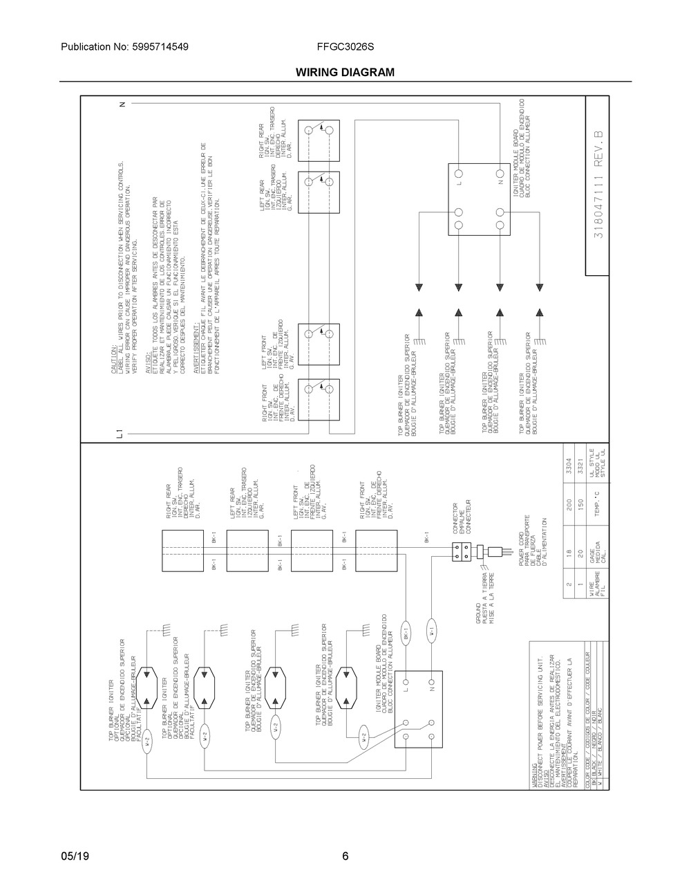 Wiring Diagram Diagram and Parts List for FFGC3026SBE  Frigidaire Cooktop