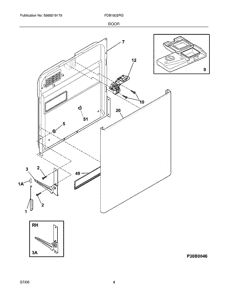 DOOR Diagram and Parts List for FDB1502RGQ2  Frigidaire Dishwasher