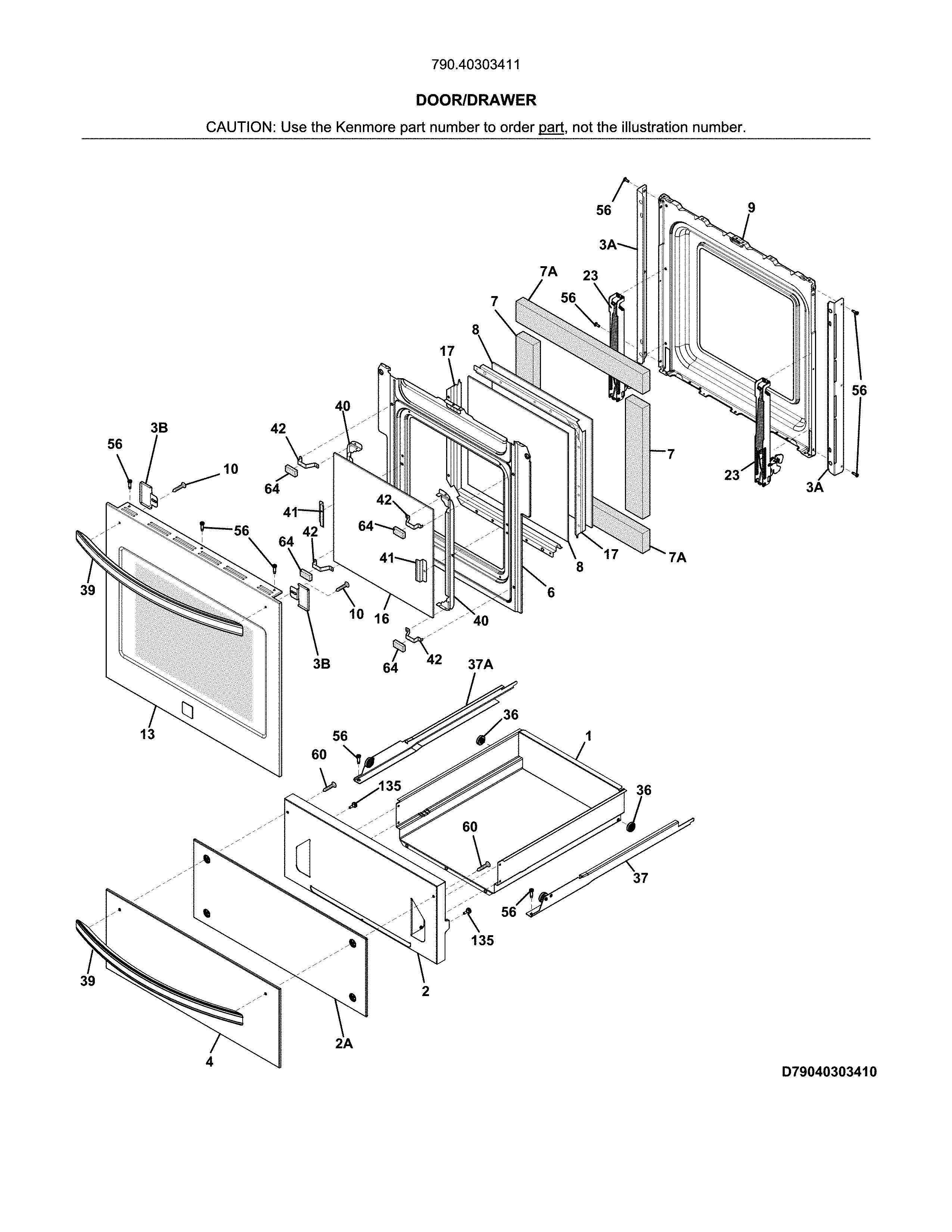 Door/drawer Diagram and Parts List for 79040303411  Kenmore Wall Oven