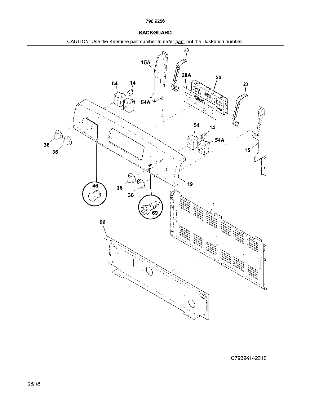 Backguard Diagram and Parts List for 79092562810  Kenmore Range