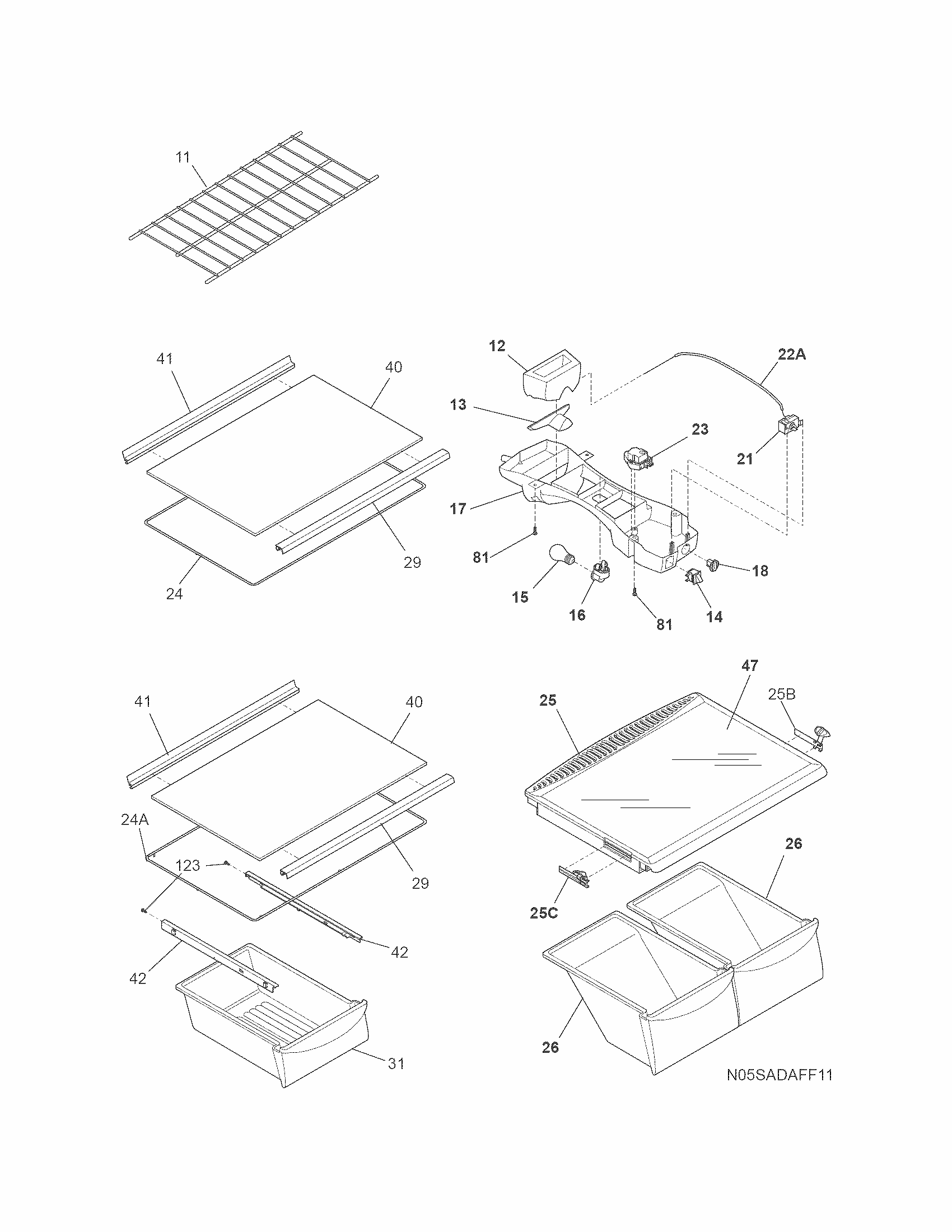 Shelves Diagram and Parts List for FRT18L4JWM  Frigidaire Refrigerator