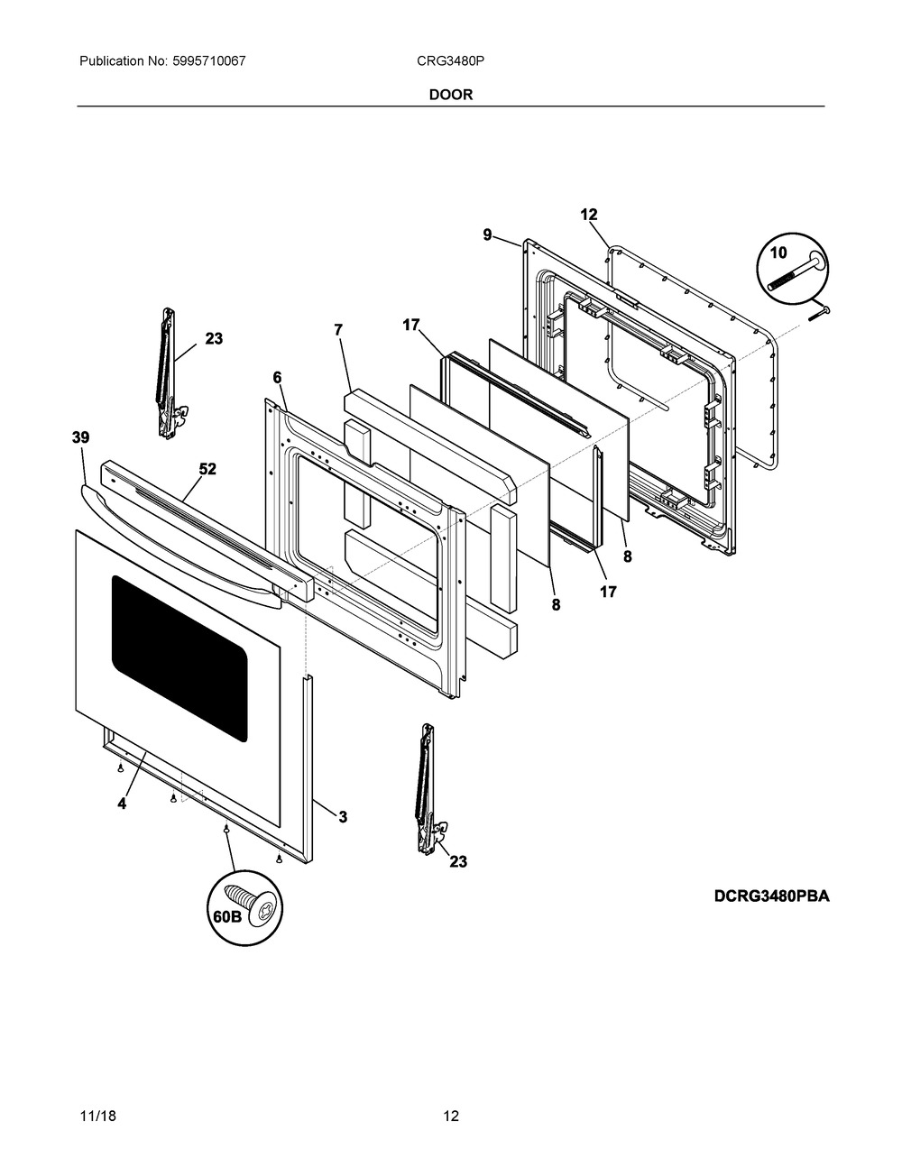 Door Diagram and Parts List for CRG3480PWD  Frigidaire Range