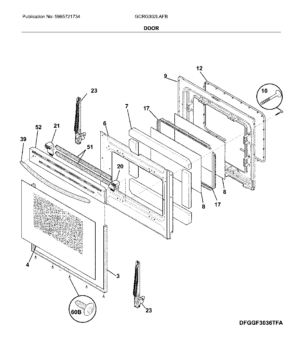 Door Diagram and Parts List for GCRG302LAFB  Frigidaire Range