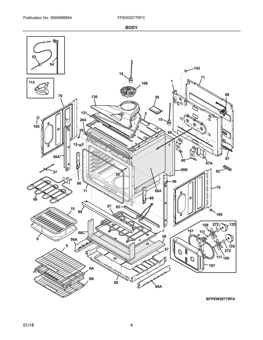 Body Diagram and Parts List for FPEW3077RFC  Frigidaire Wall Oven