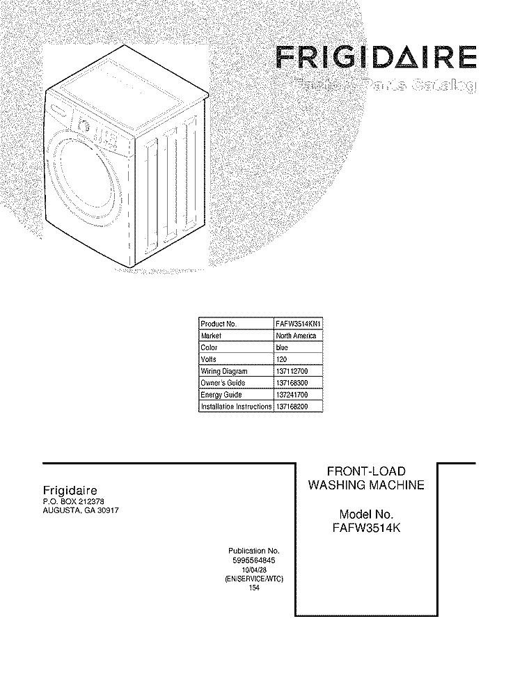COVER Diagram and Parts List for FAFW3514KN1  Frigidaire Washer