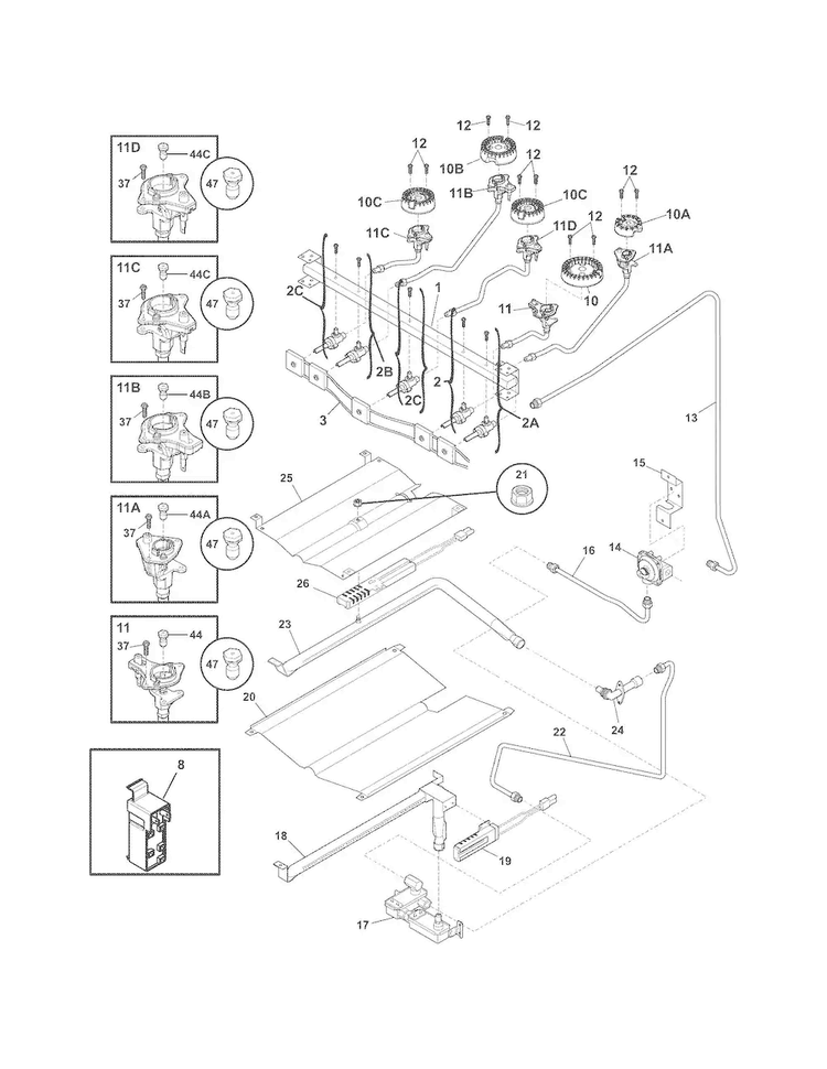 Burner Diagram and Parts List for FGGF3032MWA  Frigidaire Range