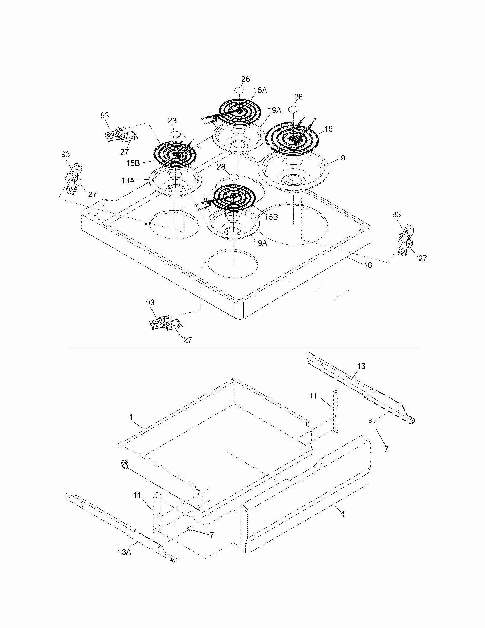 Top/drawer Diagram and Parts List for 79090102207  Kenmore Range