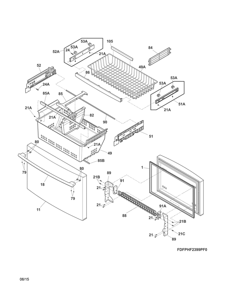 Freezer Drawer, Baskets Diagram and Parts List for FPHG2399PF2A  Frigidaire Refrigerator
