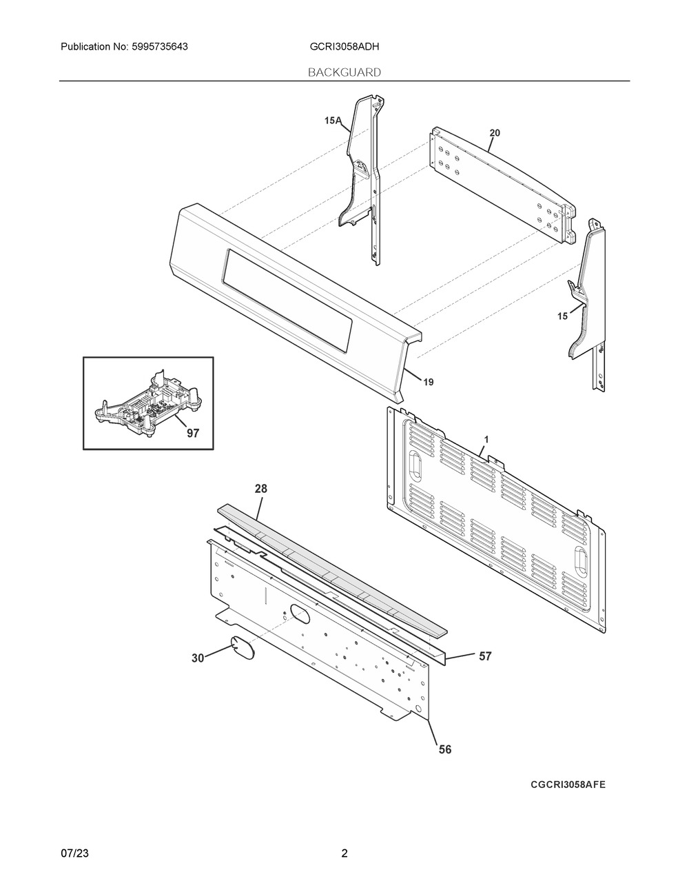 Backguard Diagram and Parts List for GCRI3058ADH  Frigidaire Range