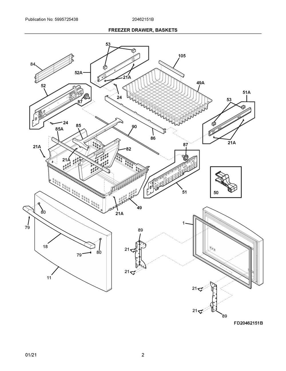 Freezer Drawer, Baskets Diagram and Parts List for 20462151B  Frigidaire Refrigerator