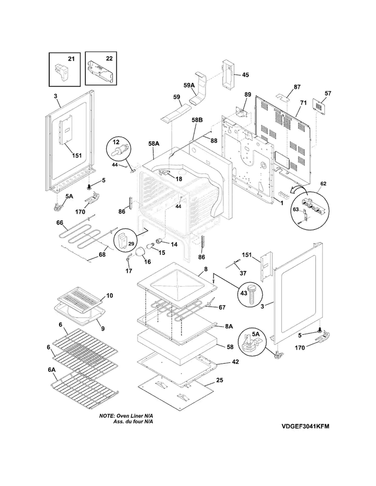 Body Diagram and Parts List for DGEF3041KFN  Frigidaire Range