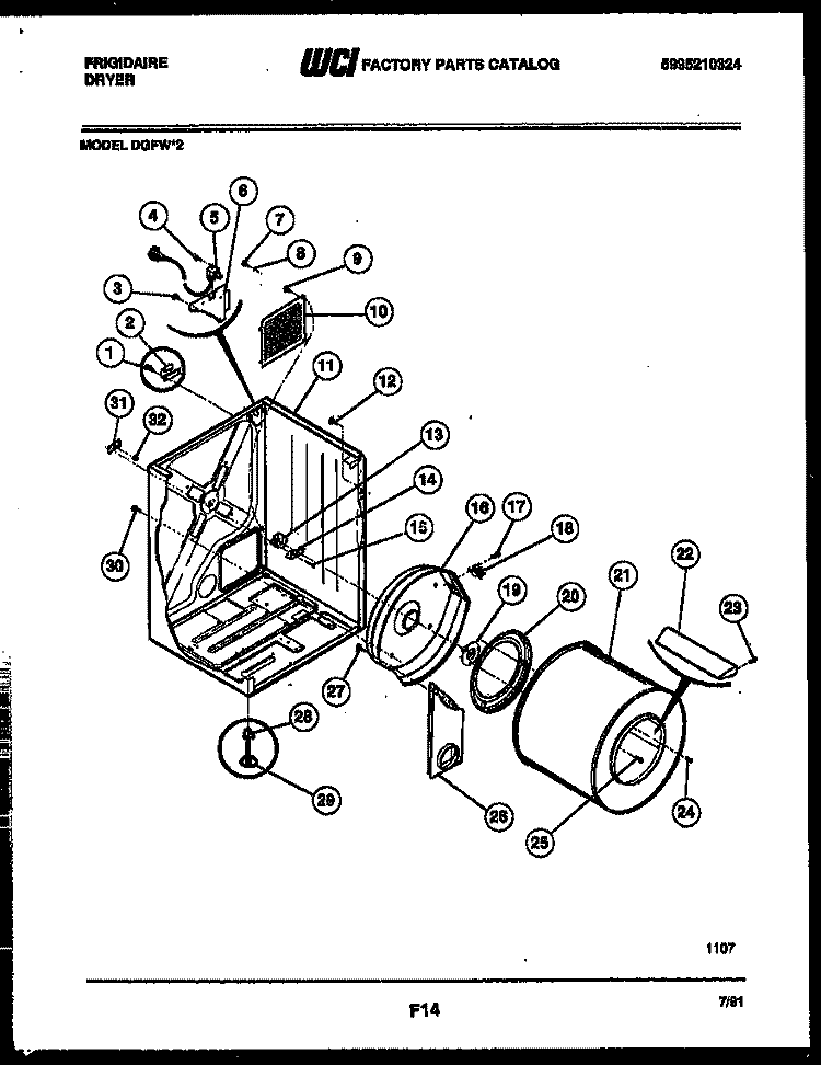 CABINET AND COMPONENT PARTS Diagram and Parts List for DGFW2  Frigidaire Dryer