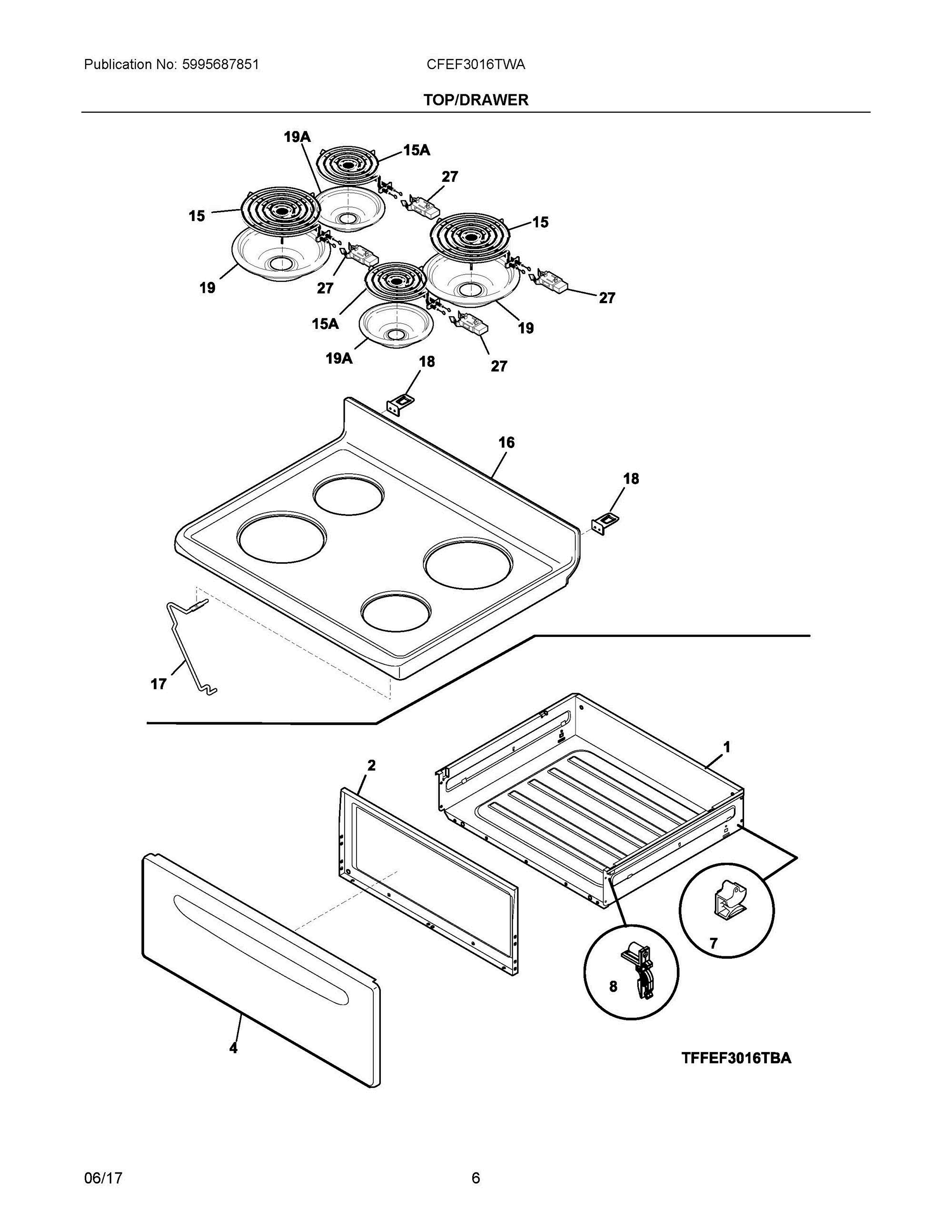 04 - TOP/DRAWER Diagram and Parts List for CFEF3016TWA  Frigidaire Range