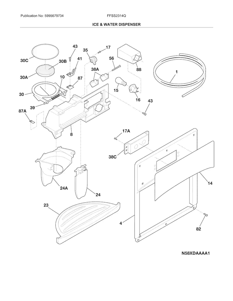 Ice & Water Dispenser Diagram and Parts List for FFSS2314QE9A  Frigidaire Refrigerator