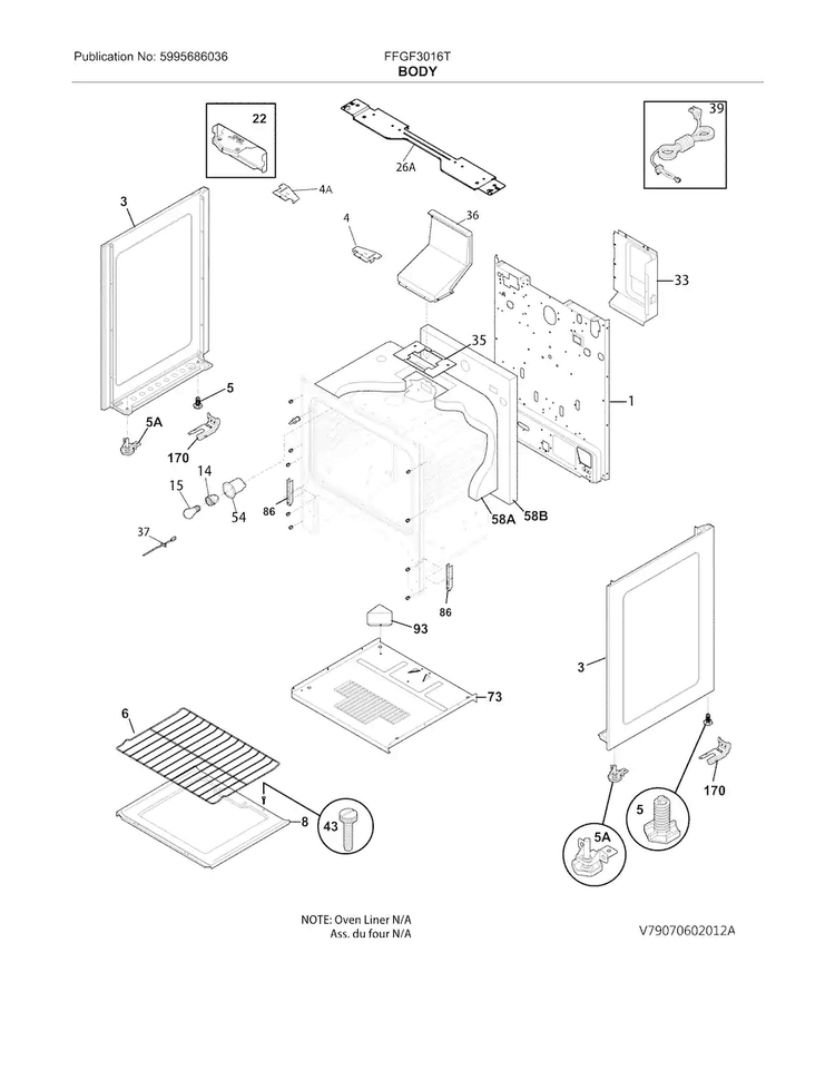 Body Diagram and Parts List for FFGF3016TWA  Frigidaire Range