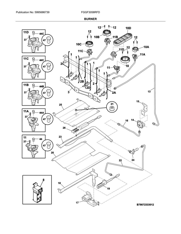 Burner Diagram and Parts List for FGGF3058RFD  Frigidaire Range