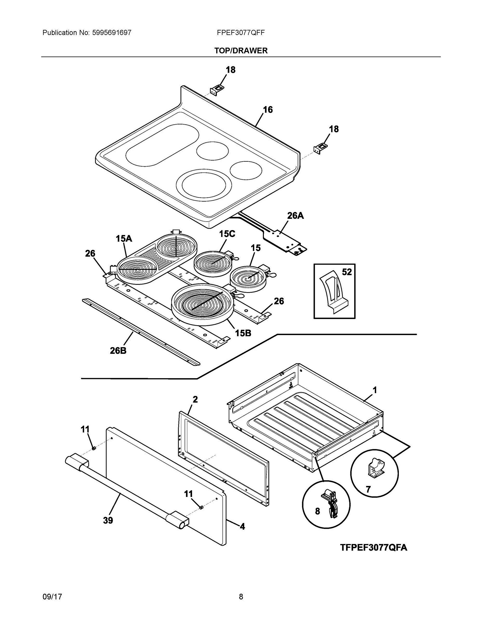 04 - TOP/DRAWER Diagram and Parts List for FPEF3077QFF  Frigidaire Range