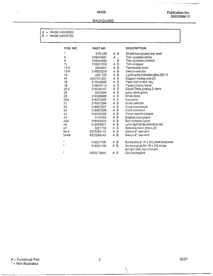 Backguard Page 2 Diagram and Parts List for 484360D  Frigidaire Range