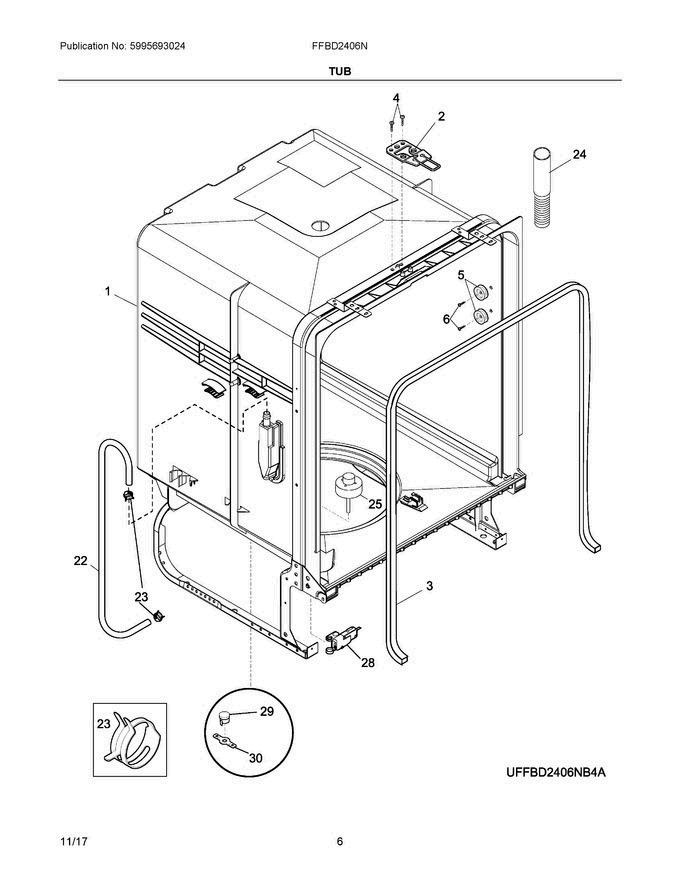 04 - Tub Diagram and Parts List for FFBD2406NB10B  Frigidaire Dishwasher