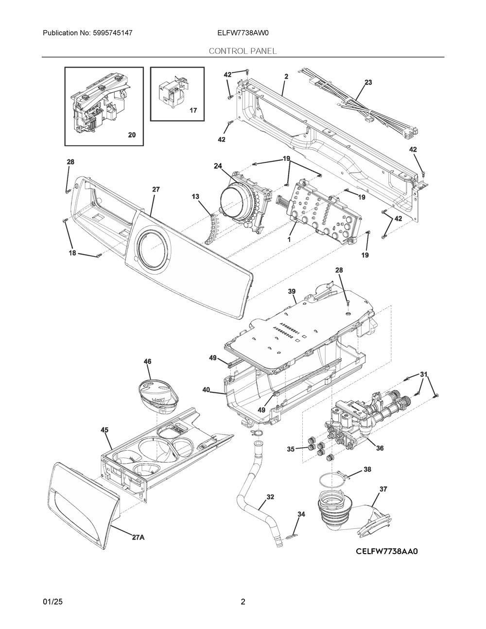 Control Panel Diagram and Parts List for ELFW7738AW0  Frigidaire Washer