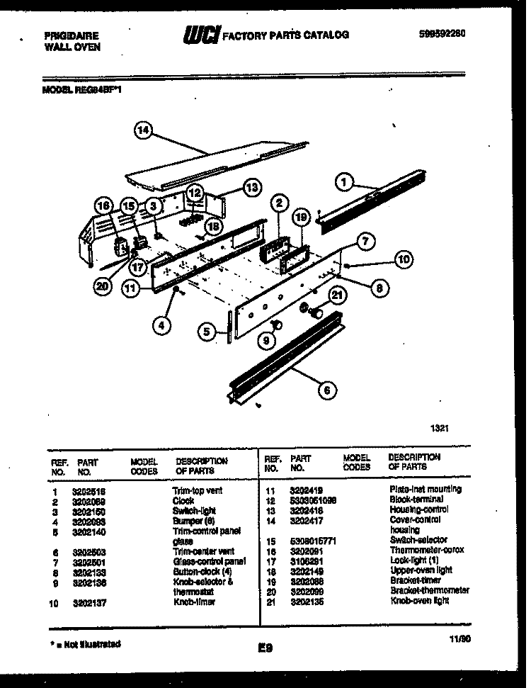 CONTROL PANEL Diagram and Parts List for REG94BFB1  Frigidaire Wall Oven